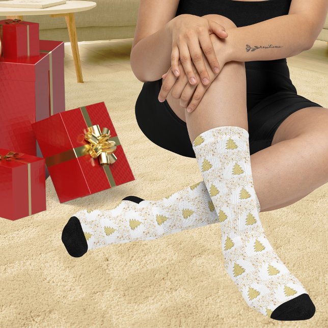 Weihnachts-Gold-Stars, Bäume & White Unisex Erwach Socken (Christmas Gold Stars, Trees & White Unisex Adult Socks)