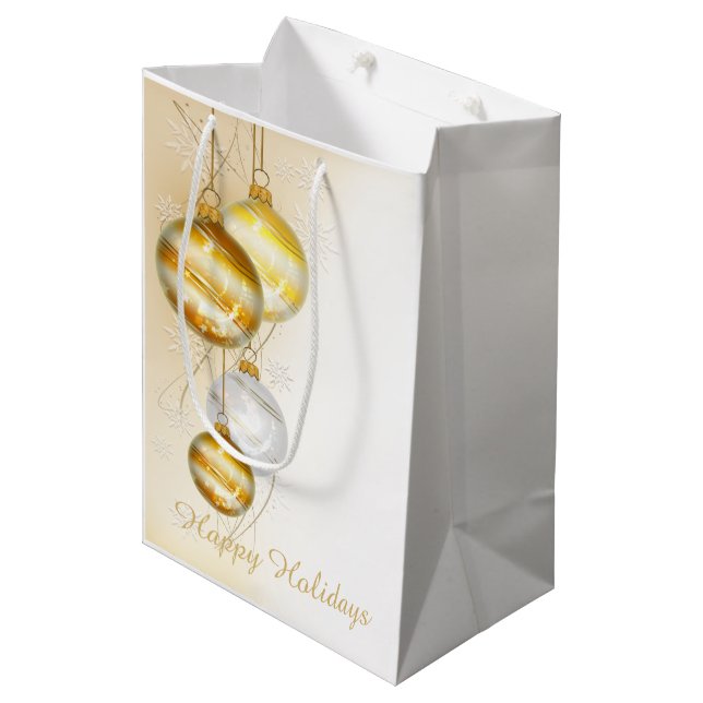 Weihnachts-Gold-White-Ball-Ornamente Mittlere Geschenktüte (Vorderseite Schrägansicht)