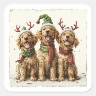 Weihnachts Golden Retriever Hunde Quadratischer Aufkleber