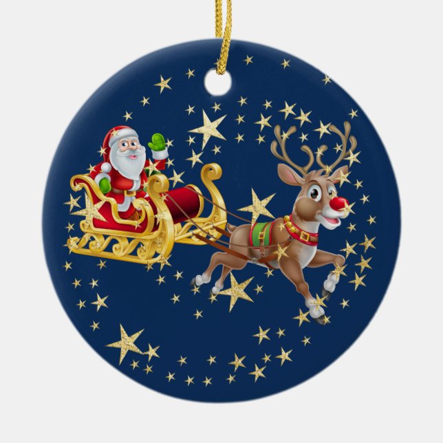 Weihnachts-Golden Santa Sleigh Rentiers Marine Keramik Ornament (Vorne)