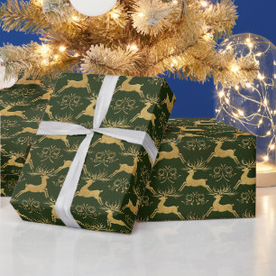 Weihnachts-Goldleder-Rentier Grün Geschenkpapier