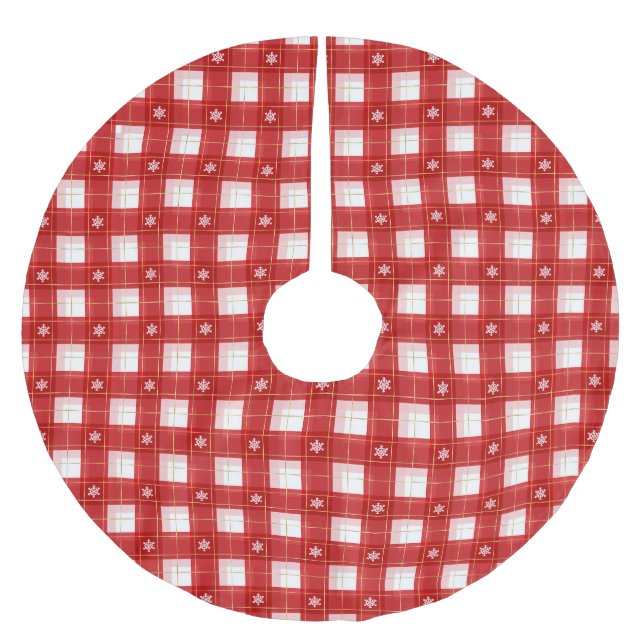 Weihnachts-Goldschneeflocken Gingham kariert Polyester Weihnachtsbaumdecke (Vorderseite)