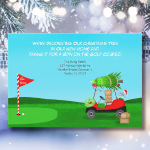 Weihnachts-Golfwagen mit Umzugskartons auf dem Gol Ankündigung