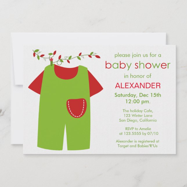 Weihnachts Green Outfit Boy Baby Dusche Einladung (Vorderseite)