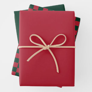 Weihnachts-Green & Red-Checkerboard und Solid-Colo Geschenkpapier Set