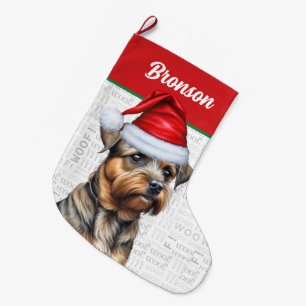 Weihnachts-Grenze Terrier mit Name Woof Hintergrun Großer Weihnachtsstrumpf