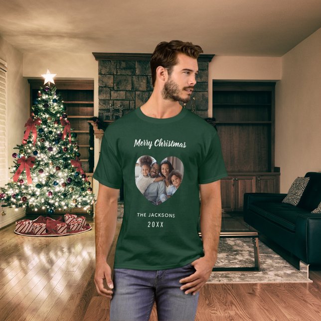 Weihnachts-Grün-Familie Foto Herzname Vater T-Shirt (Von Creator hochgeladen)