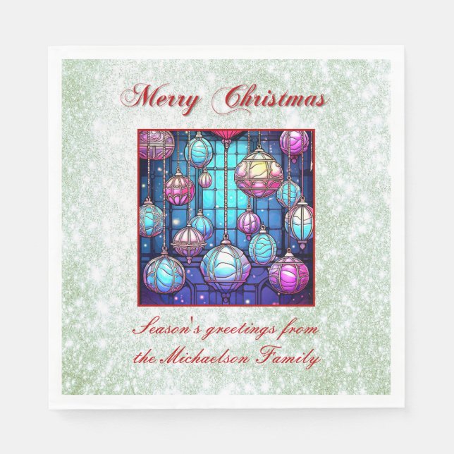 Weihnachts-Grün-Glitzer gestanzt Glass Bauble Serviette (Vorderseite)