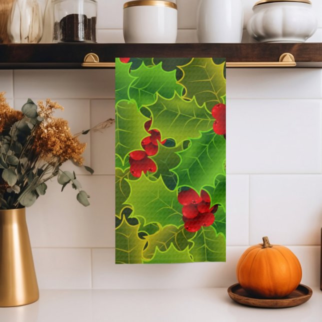 Weihnachts-Grün-Holly-Blätter Rote Berries Geschirrtuch (Von Creator hochgeladen)