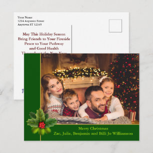 Weihnachts-Grün- und Goldrahmen mit Holly-Foto Postkarte