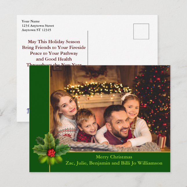 Weihnachts-Grün- und Goldrahmen mit Holly-Foto Postkarte (Vorne/Hinten)