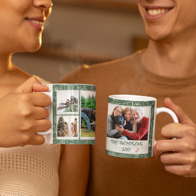 Weihnachts Grüne Doodles Multi Foto Familiengesche Kaffeetasse (Von Creator hochgeladen)