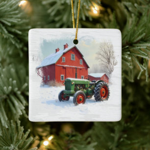 Weihnachts-Grüne Farm Traktor und Roter Stall Keramikornament