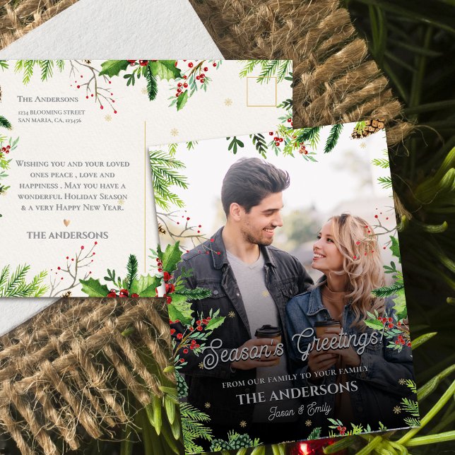 Weihnachts-Grüne-Grenz-Saison Foto Postkarte (Christmas Greenery Border Season’s Greetings Photo Postcard)