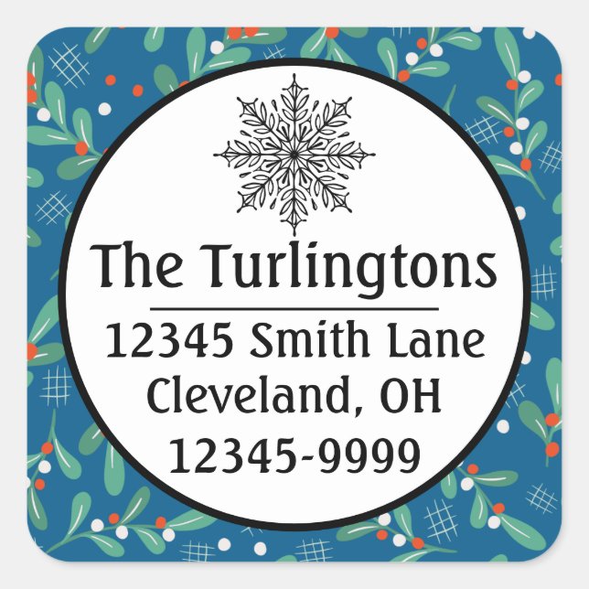 Weihnachts-Grüntöne mit Holly Berries Blue White Quadratischer Aufkleber (Vorderseite)