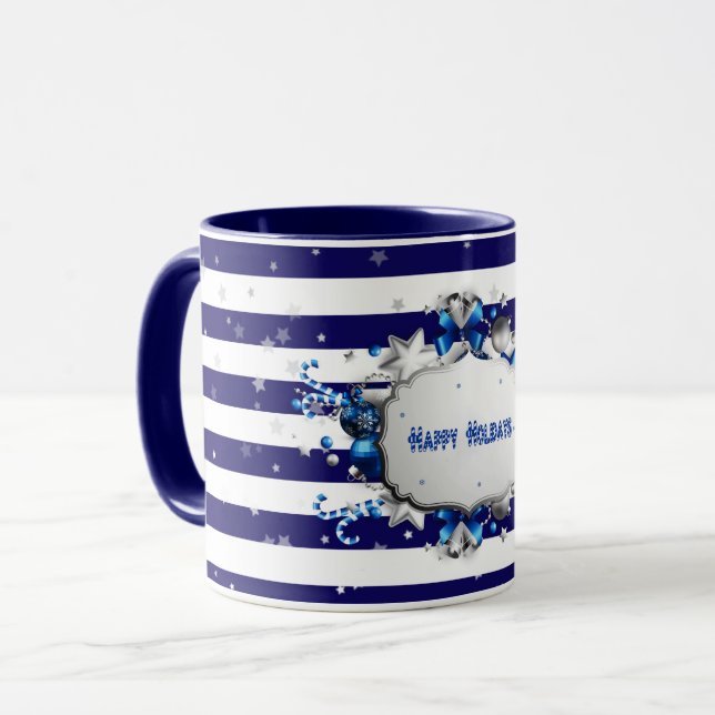 Weihnachts-Gruß Blauer Streifen Tasse (Vorderseite Links)