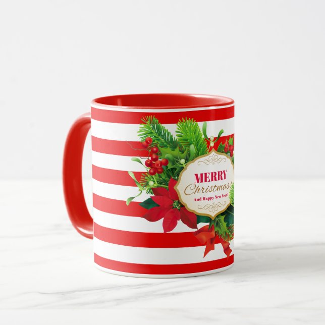Weihnachts-Gruß Rot Streifen Tasse (Vorderseite Links)