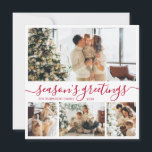 Weihnachts-Grüße-Script-Foto Collage Weihnachten<br><div class="desc">Elegante Kalligrafie Minimalistisch Rot und Weiß 4 FotoCollage "Die Grüße der Saison" Script Weihnachtskarte. Diese festliche, mimimalistische, whimsical vier (4) Foto-Urlaubskarte Vorlage verfügt über eine hübsche Foto-Collage und sagt "Die Grüße der Jahreszeit". Der Text ist in einem wunderschönen handgeschriebenen kursiven, Wirblen Swash-Schwanz Schriftart Typ geschrieben. Auf der Rückseite mit einem...</div>
