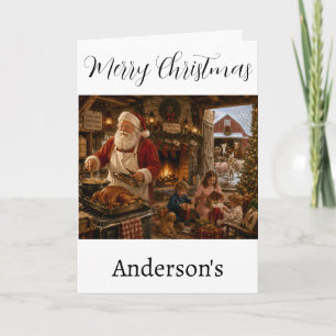 Weihnachts-Grußkarte Santa beim Frühstück kochen Feiertagskarte