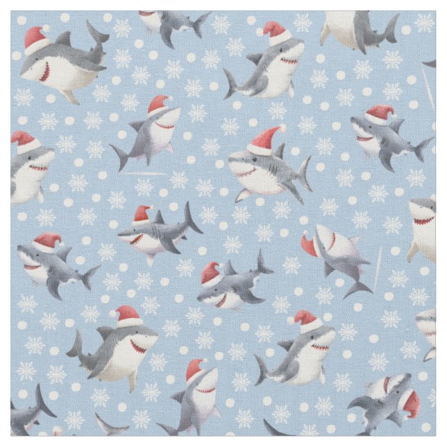 Weihnachts-Haie & Schneeflocken auf Hellblau Stoff (Nahaufnahme)