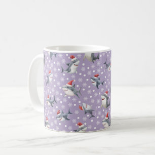 Weihnachts-Haie & Schneeflocken auf Helllila Kaffeetasse