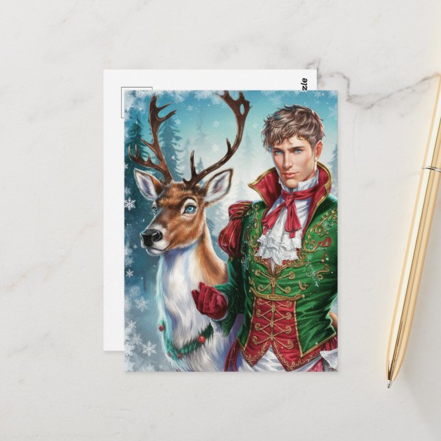 Weihnachts-Handsome blond man and a Rentier Postkarte (Vorderseite/Rückseite Beispiel)