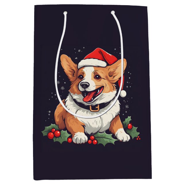 Weihnachts-Happy Corgi in Weihnachtsmannmütze mit  Mittlere Geschenktüte (Vorderseite)
