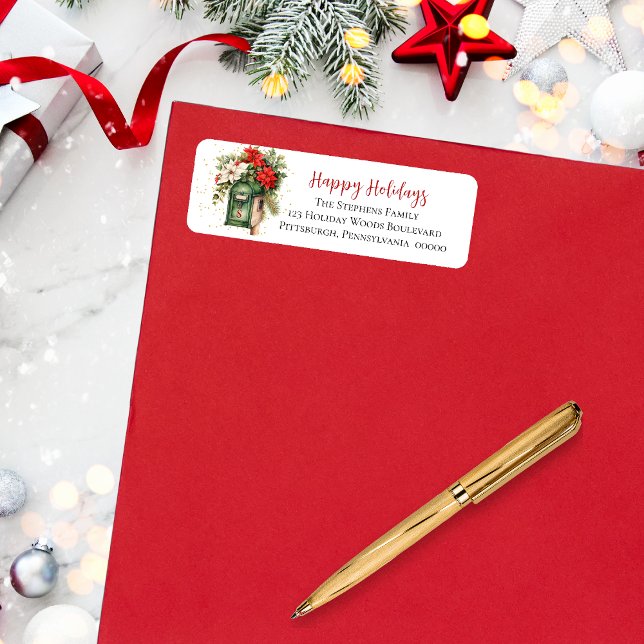 Weihnachts-Happy Holidays Mailbox Floral Monogram (Elegant Christmas "Happy Holidays" Mailbox Poinsettia Floral Return Address Label)