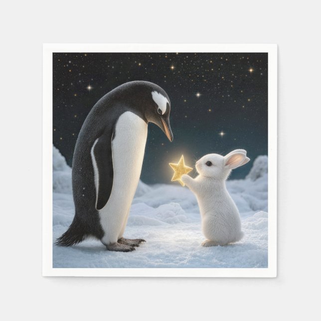Weihnachts-Hase und Pinguin mit Neonstern Serviette (Vorderseite)