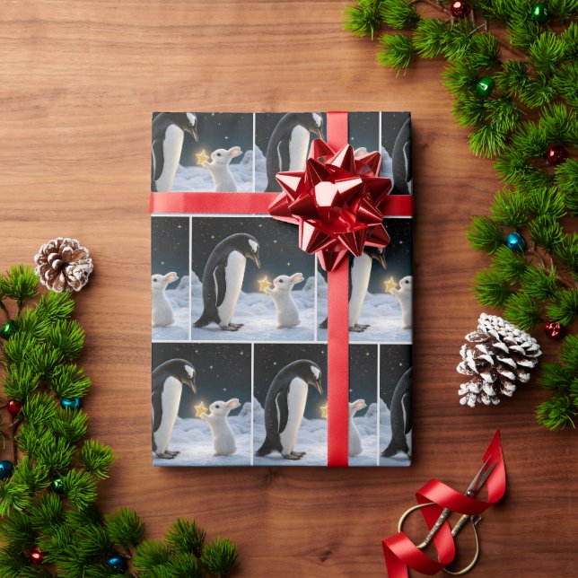 Weihnachts-Hase und Pinguin mit Stern Geschenkpapier (Feiertagsgeschenk)