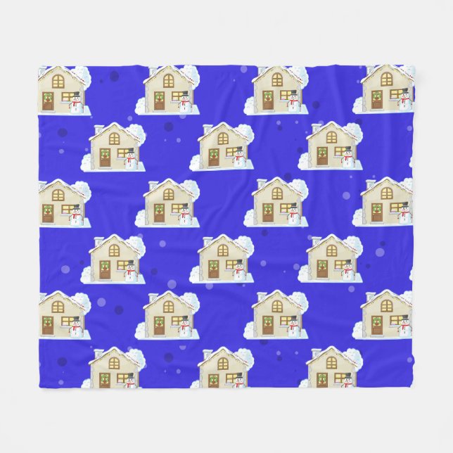 Weihnachts-Hausmuster - Blauer Hintergrund  Fleecedecke (Vorderseite (Horizontal))