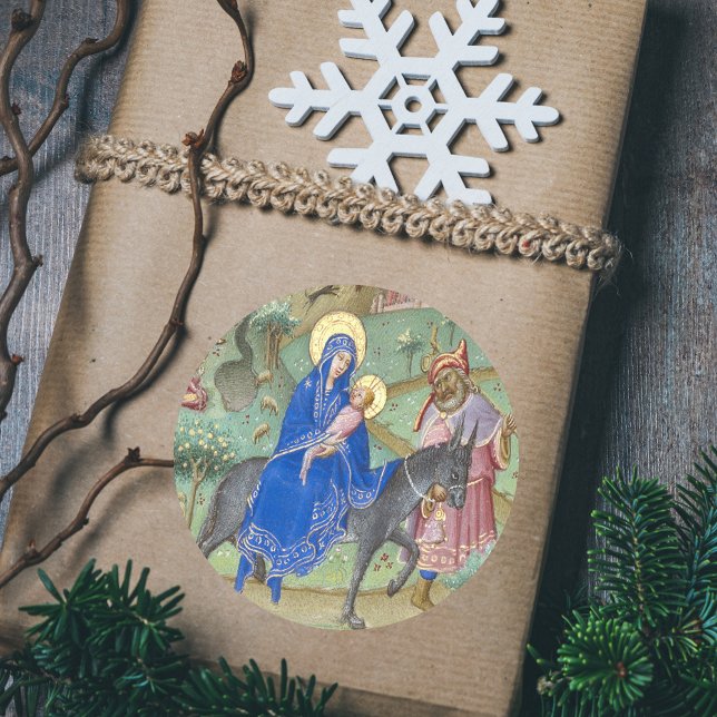 Weihnachts Heilige Familie Fliegen nach Ägypten Mi Runder Aufkleber (Christmas Holy Family Flight into Egypt Religious Medieval Vintage Classic Round Gift Sticker)