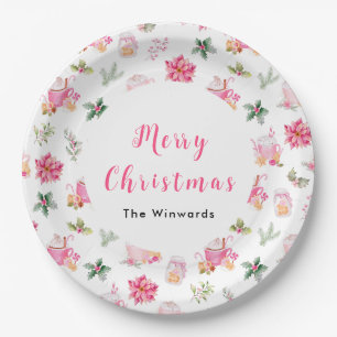 Weihnachts-Heiße Schokolade und rosa Weihnachtsste Pappteller