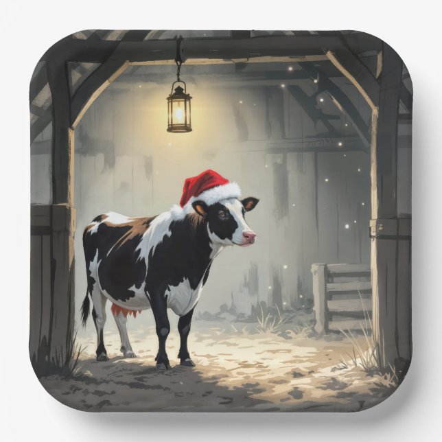 Weihnachts-Hereford-Kuh im Scheunentor Pappteller (Vorderseite)