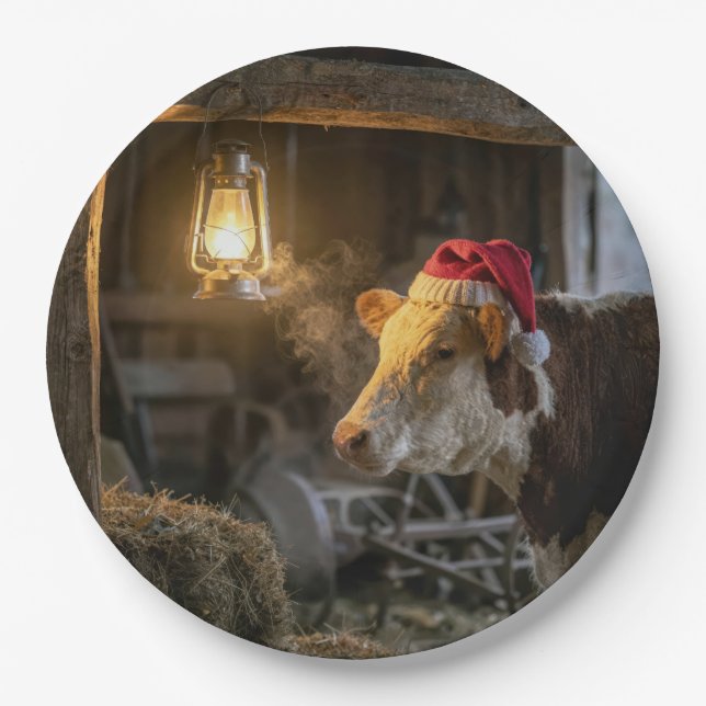 Weihnachts-Hereford-Kuh in einer Scheune Pappteller (Vorderseite)