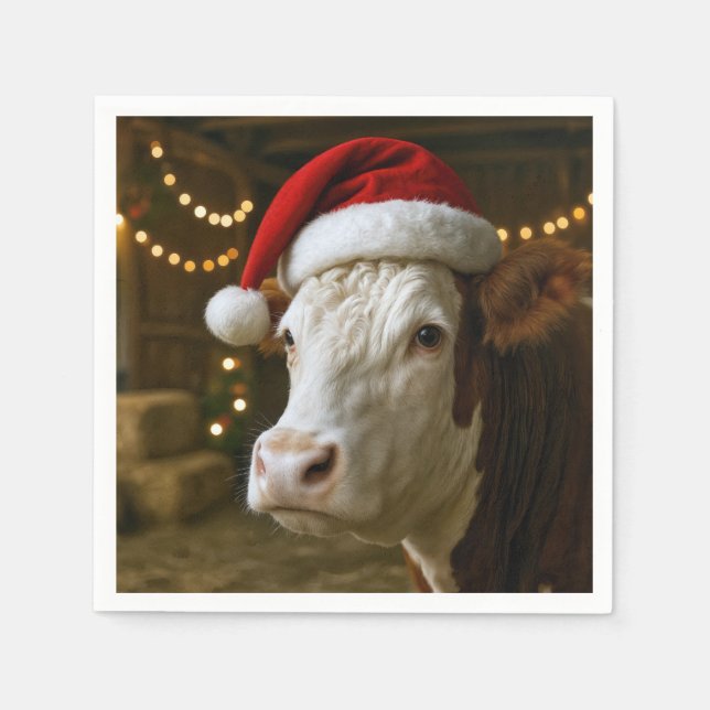 Weihnachts-Hereford-Kuh mit Santa-Hut Serviette (Vorderseite)