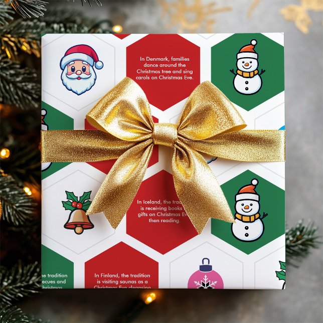 Weihnachts Hexagon Santa Tree Snowman Ornament Ico Geschenkpapier (Christmas Hexagon Santa Tree Snowman Ornament Icon Wrapping Paper)