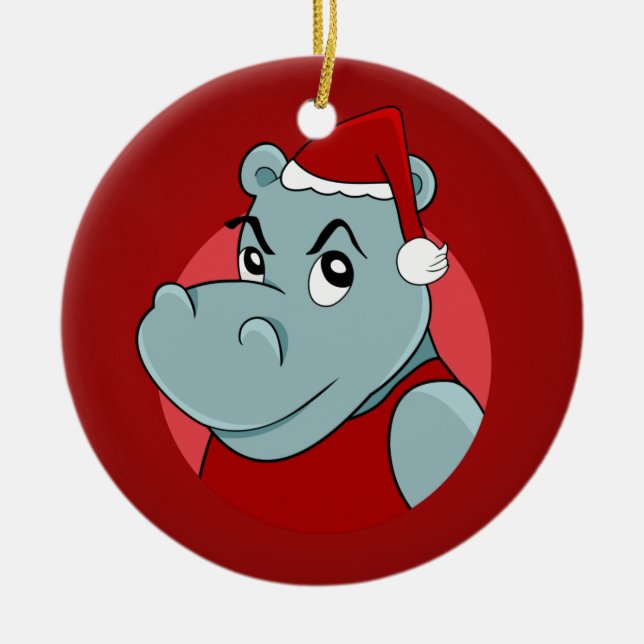 Weihnachts-Hippo-Cartoon Keramik Ornament (Vorne)