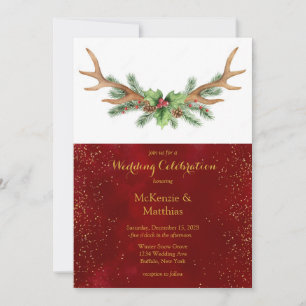 Weihnachts-Hirsch-Antler-Burgund-Gold-Hochzeit Einladung