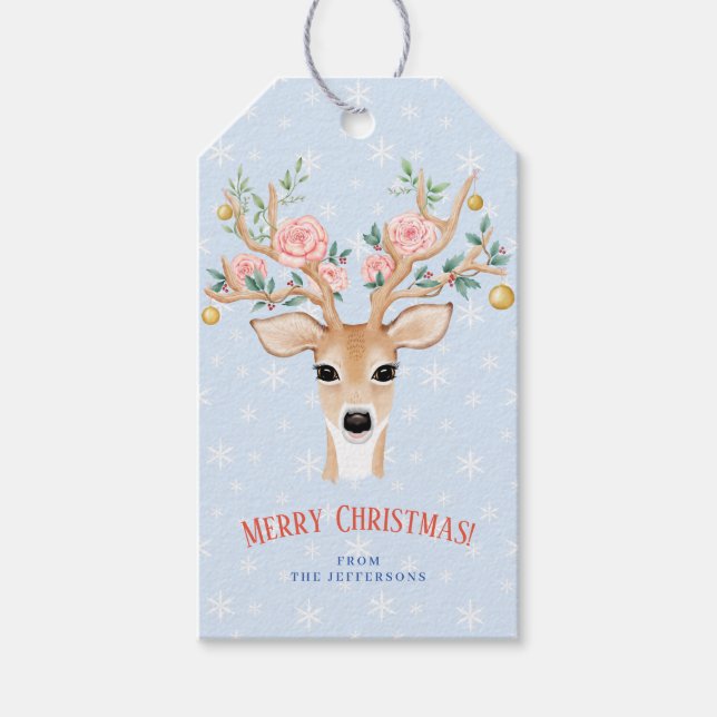 Weihnachts-Hirsch Holly Floral Antler Wasserfarben Geschenkanhänger (Vorderseite)