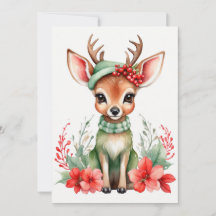 Weihnachts-Hirsch mit Green Hat Flat Holiday Card