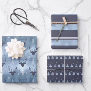 Weihnachts Hirschgeweih, Streifen, Bäume blau ID86 Geschenkpapier Set
