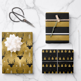 Weihnachts Hirschgeweih, Streifen, Bäume Gold ID86 Geschenkpapier Set