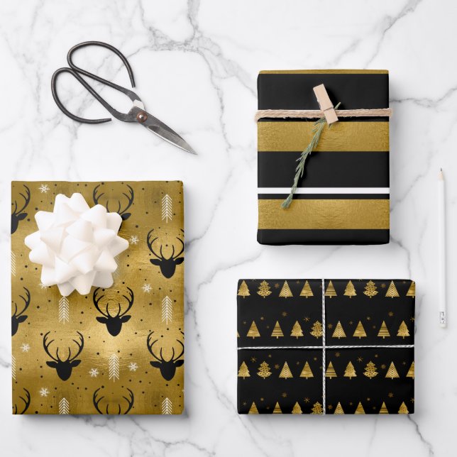 Weihnachts Hirschgeweih, Streifen, Bäume Gold ID86 Geschenkpapier Set (Vorderseite)