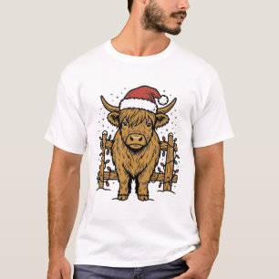 Weihnachts-Hochlandkuh-Santa-Hut Vintage-Stich T-Shirt