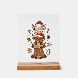 Weihnachts-Hochlandkuh-Stapel Vintage-Stich Des Acrylschild
