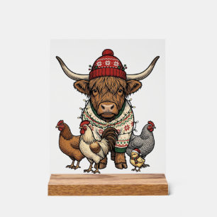 Weihnachts-Hochlandkuh und Hühner Vintage-Stich Acrylschild