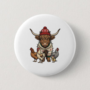 Weihnachts-Hochlandkuh und Hühner Vintage-Stich Button