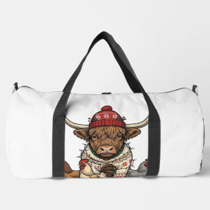 Weihnachts-Hochlandkuh und Hühner Vintage-Stich Duffle Bag