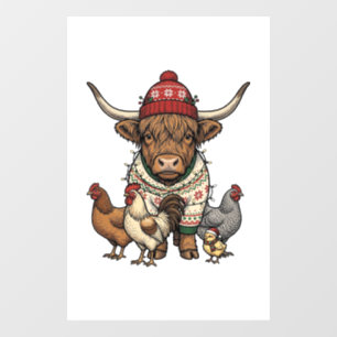 Weihnachts-Hochlandkuh und Hühner Vintage-Stich Fensteraufkleber